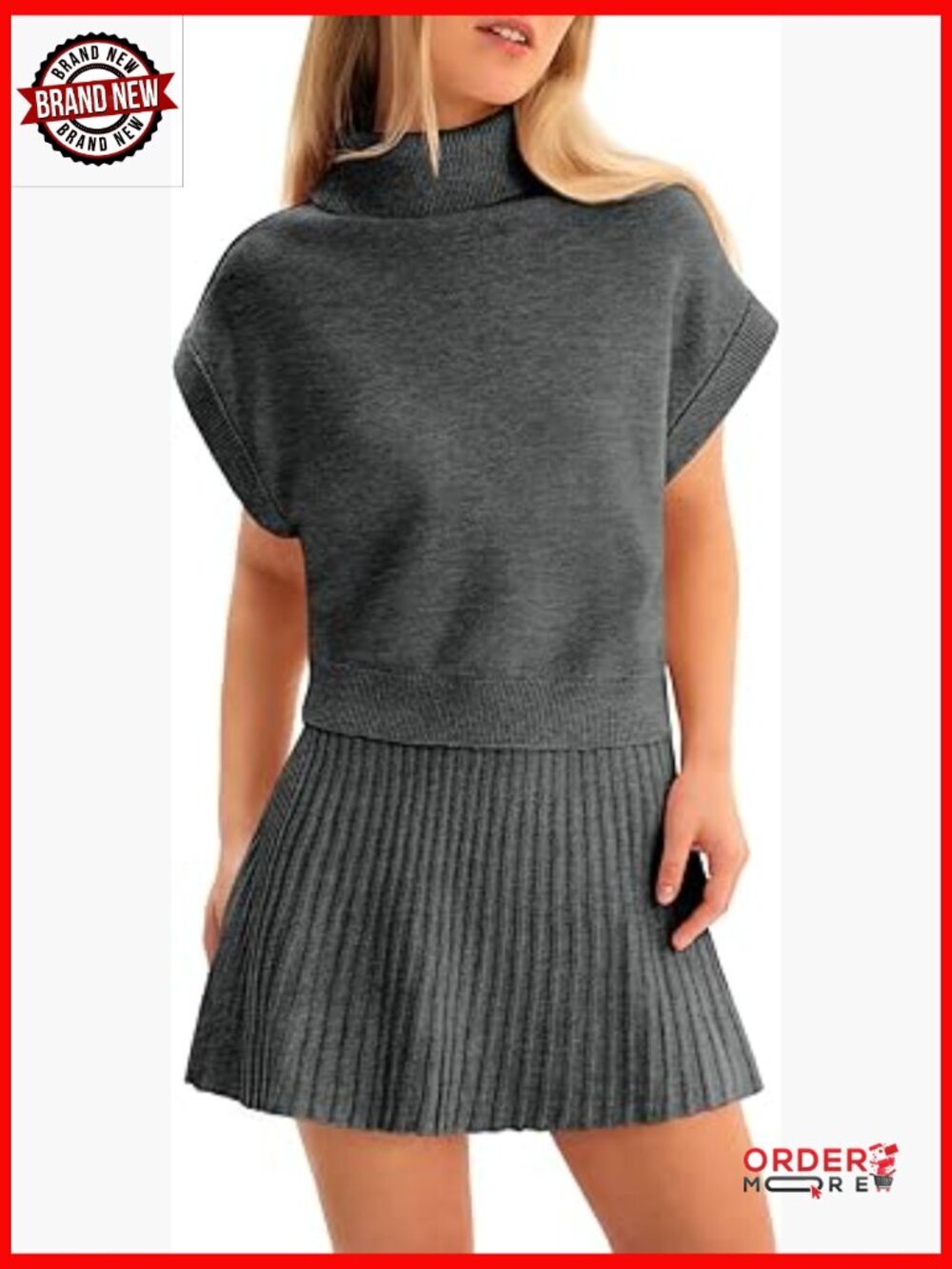 2 Piece Skirt Set Turtleneck Crop Top Pleated Mini Skirt Travel Outfit
